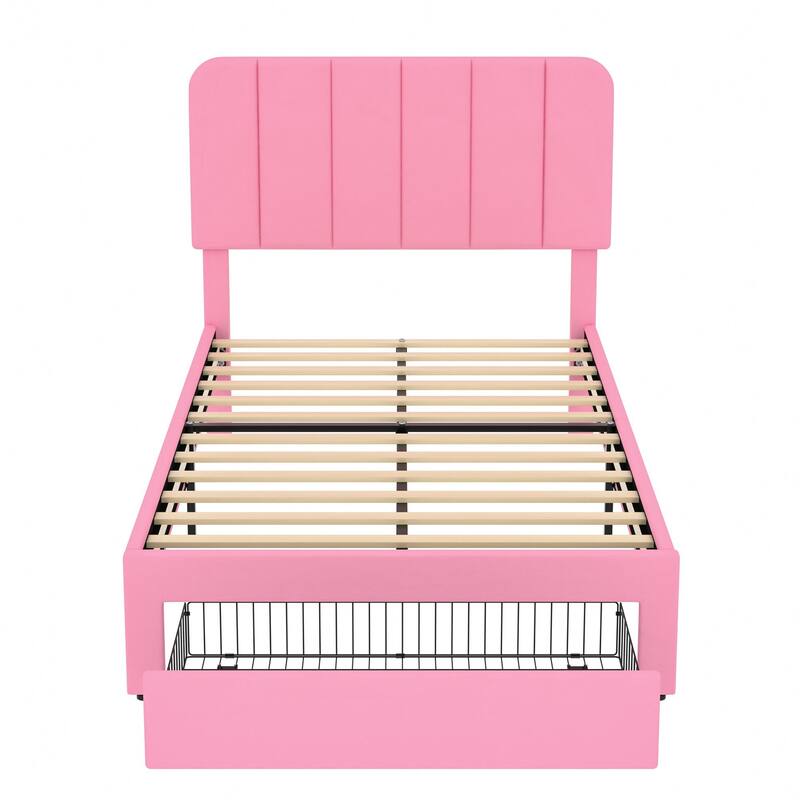 VECELO 2-Pack Kid Bed Frame Set Twin Size Platform Bed with Adjustable Upholstered Headboard Storage Drawer No Box Spring Needed