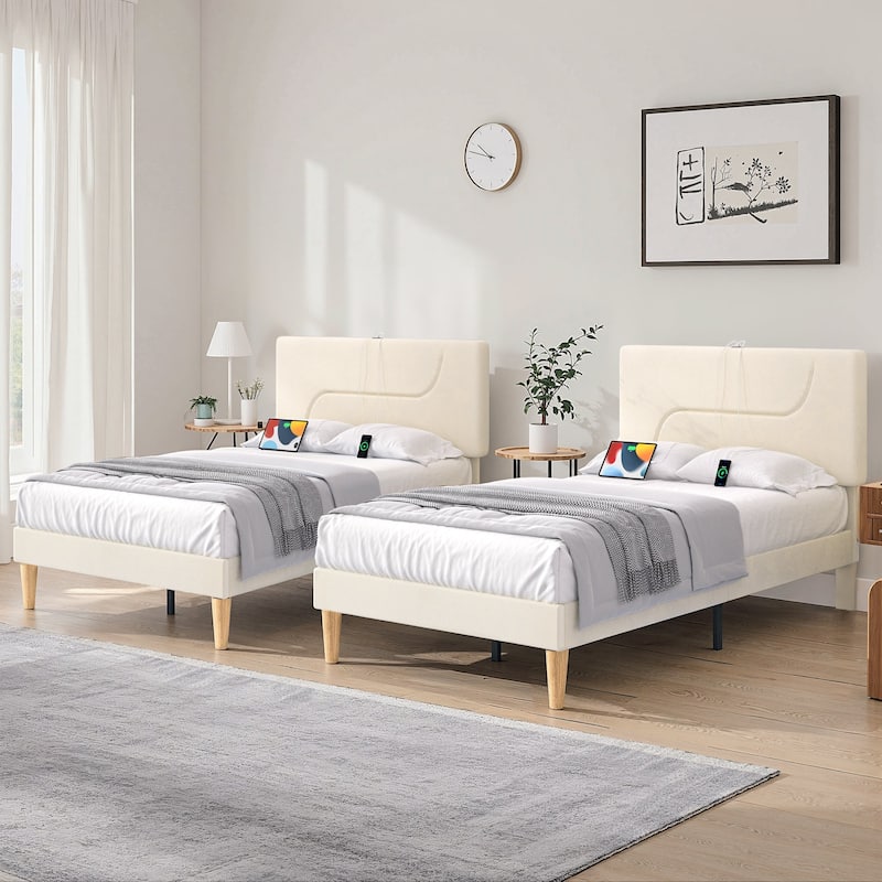 VECELO Platform Twin Bed Frame with Charging Stations and LED Lights,Kids Bed Set of 2, Strong Wooden Slats Support