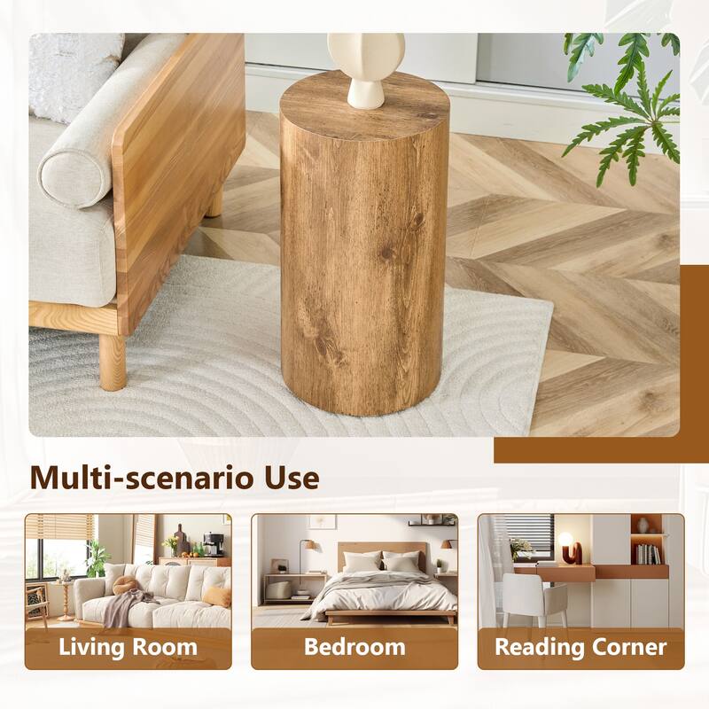Simple wood grain cylindrical coffee table, 11.8-inch diameter x 21.6 inch height, MDF material living room furniture
