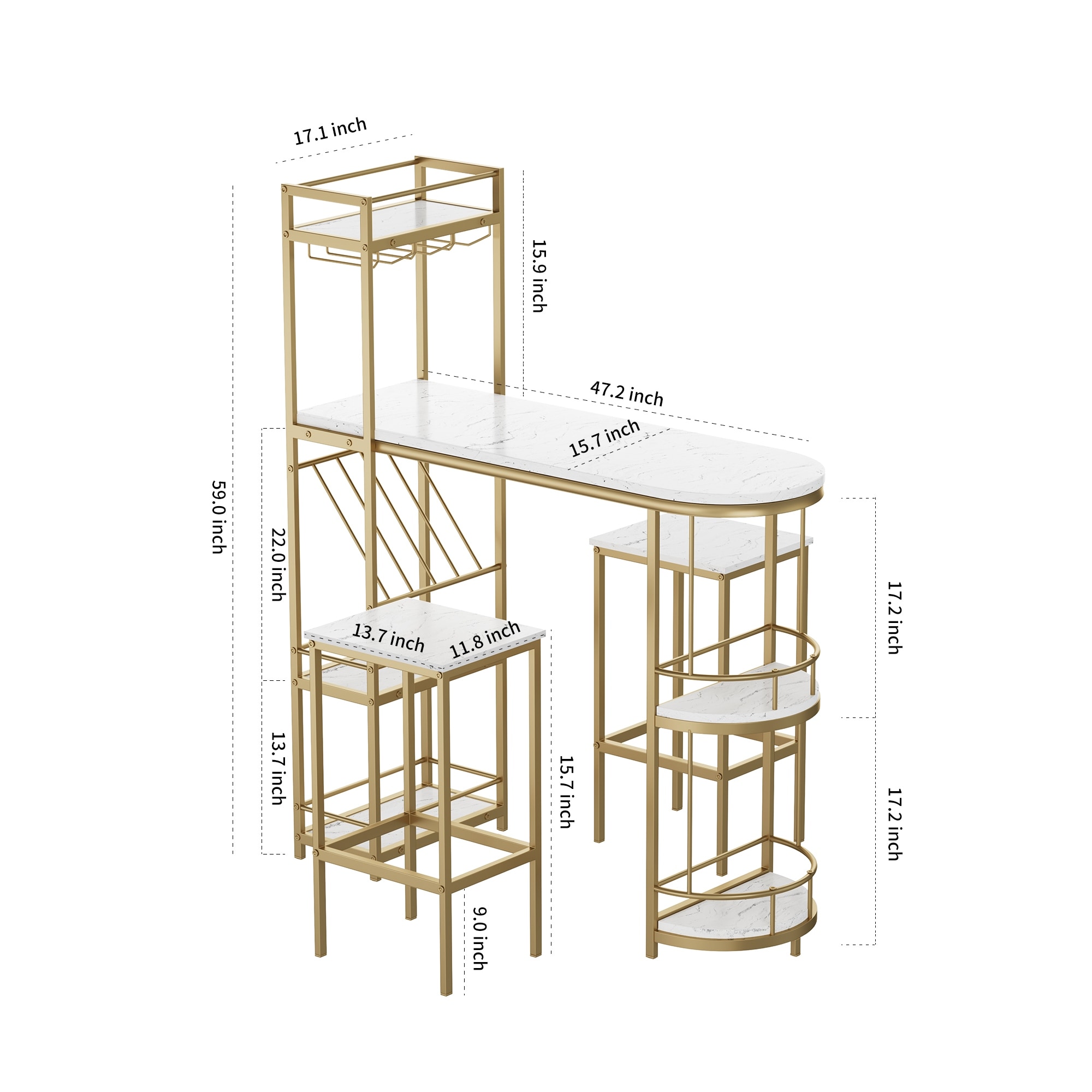 3 Pcs Bar Table and Chairs Set with Gold Base with Shelves Glass Rack Wine Bottle Rack with 2 Bar Stools Bed Bath Beyond 40221092