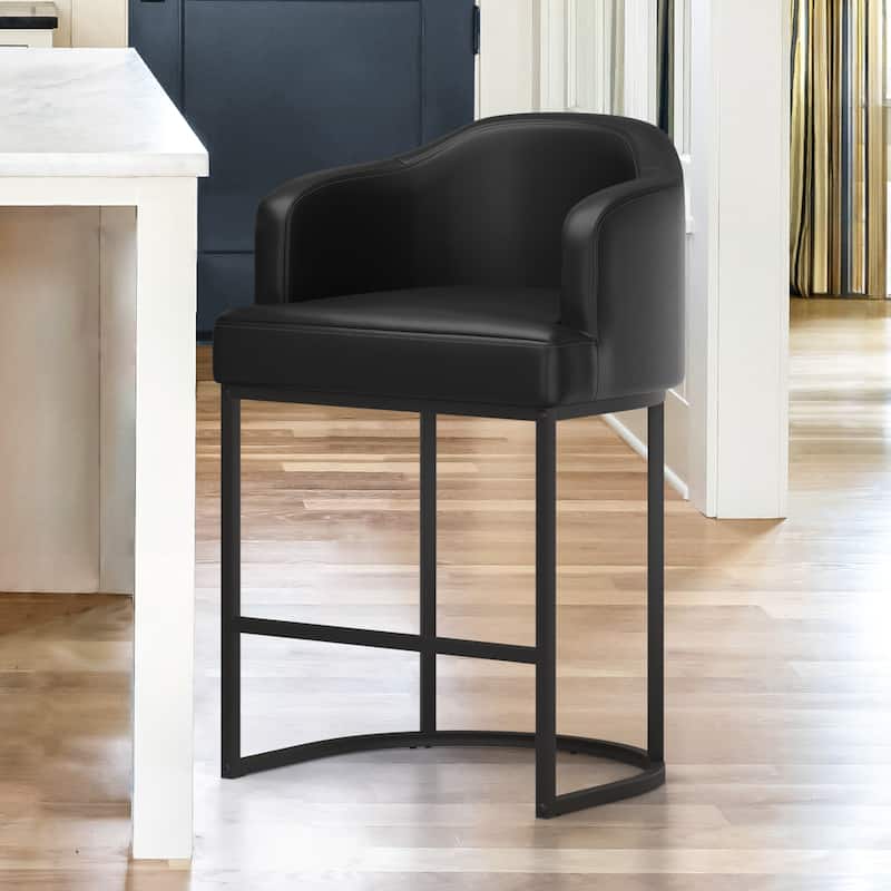 Modern 26.in Barstool Fabric/Leather Upholstered Counter Height Stool with Metal Frame for Kitchen Island - Black/Faux Leather
