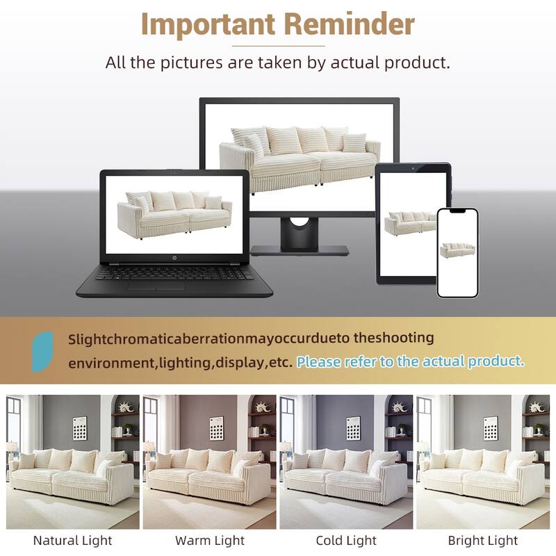 GDFStudio - Plush Corduroy 4-Seater 104.3" Deep Seat Convertible Sofa