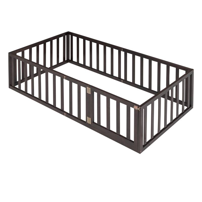 Versatile Wooden Floor Bed Frame without Slats, Solid Pinewood Kids Bed Frame with Fence and Door