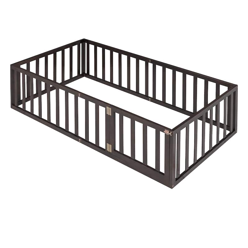 Wood Floor Bed Frame with Fence and Door, Sturdy and Durable Bed Frame, Twin Size