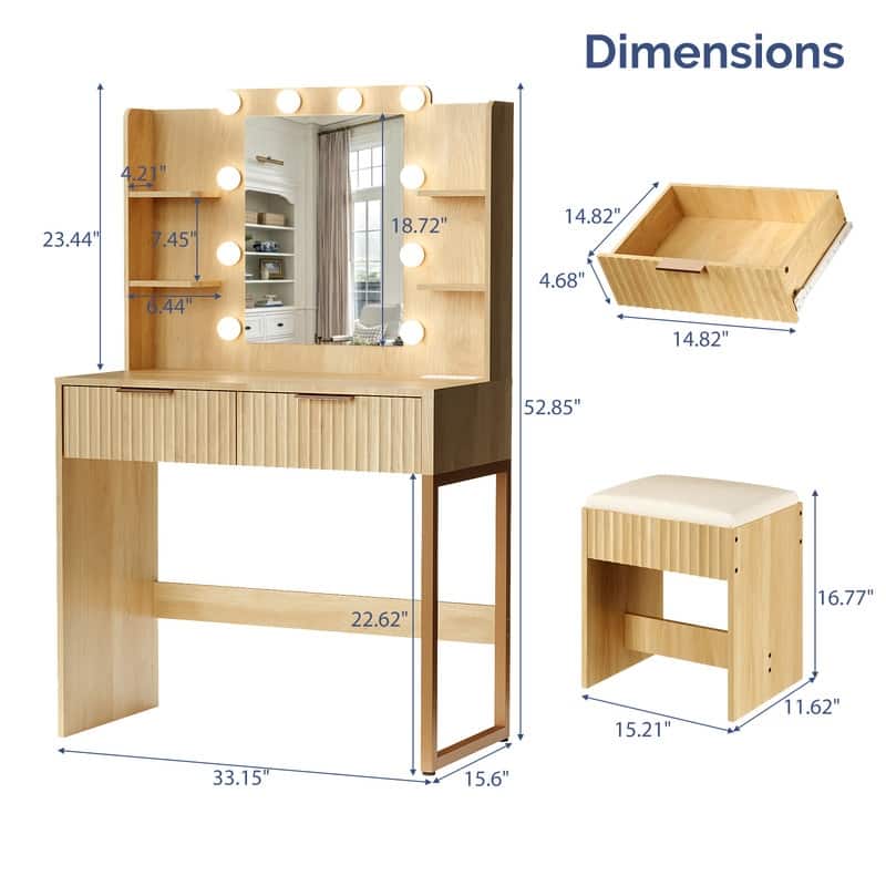Particle Board Veneered with Textured Melamine, 2-drawer 4-Shelf, comes with 10 Three-color Dimmable Bulbs, Dressing Table Set