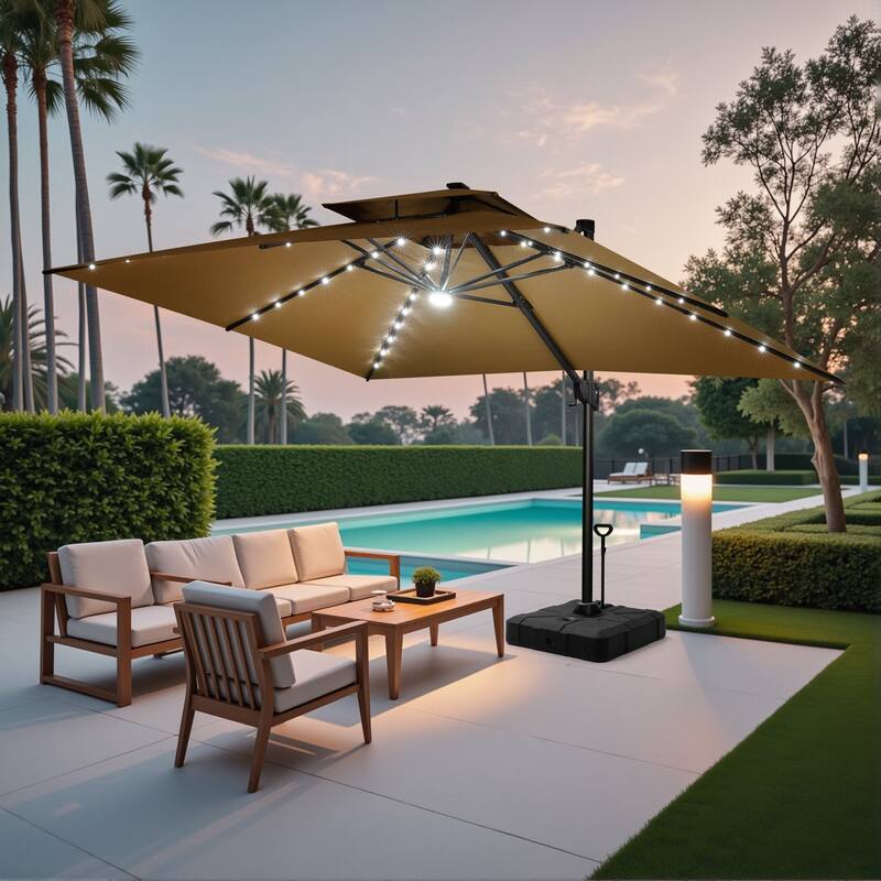 10 FT x 13 FT Outdoor LED Lighted Patio Cantilever Umbrella with Base Stand - Tan