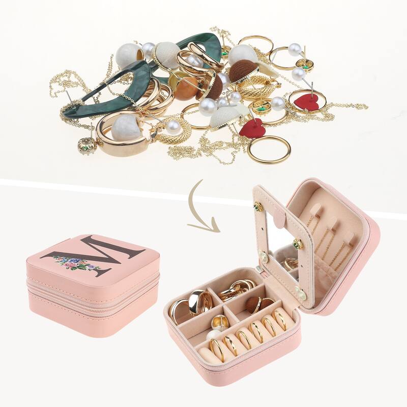 Portable Jewelry Box with Mirror, Mini PU Leather Jewelry Organizer Boxes Storage Display Holder - Pink - M