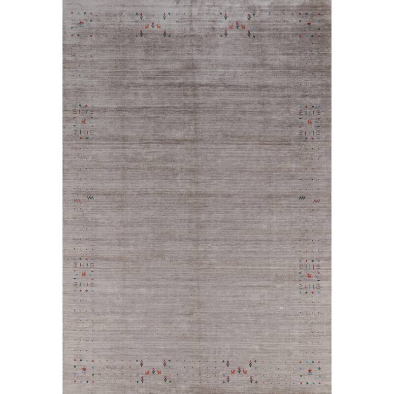 Hand Knotted Oriental Viscose Silk Carpet Tribal Animal Pictorial Beige & Ivories Gabbeh Area Rug - 11' 8'' X 9' 0''