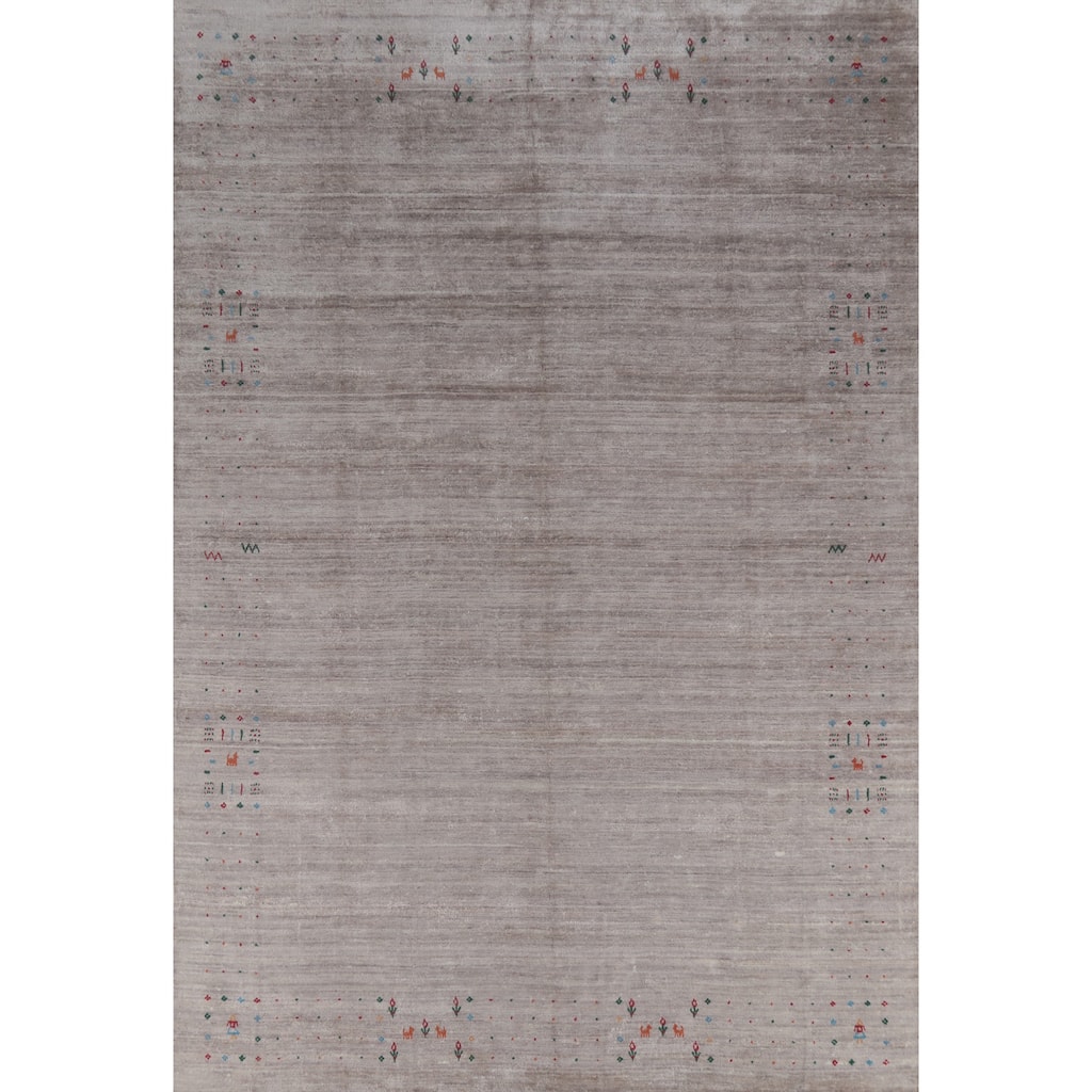 Hand Knotted Oriental Viscose Silk Carpet Tribal Animal Pictorial Beige & Ivories Gabbeh Area Rug - 11' 8'' X 9' 0''
