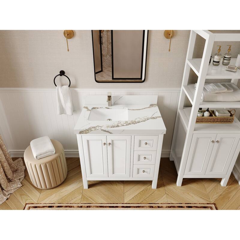 Willow Collections 36 in. W x 22 in. D Nashville Left Offset Sink Bathroom Vanity with Countertop - 2”Calacatta Gold - White