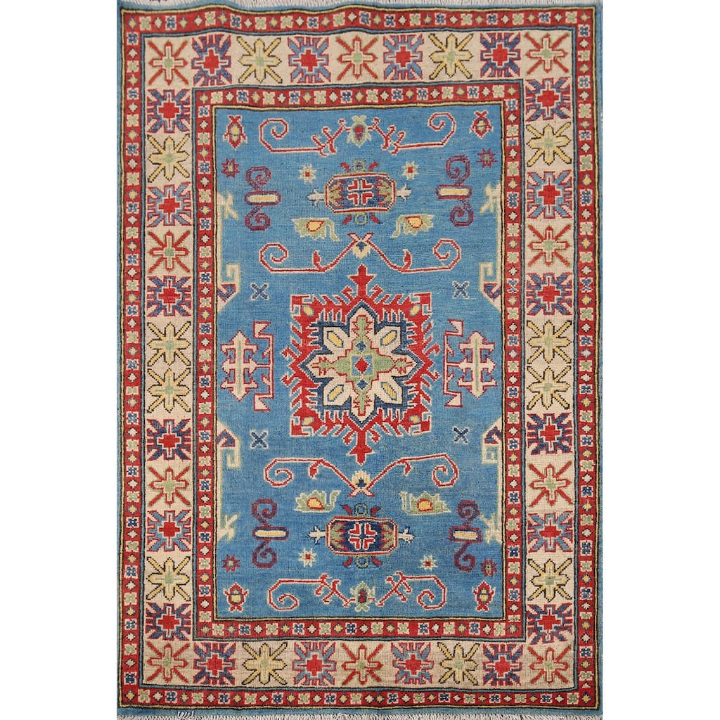 Blue Kazak Pakistan Accent Rug Hand-Knotted Wool Carpet - 3'5" x 4'10"