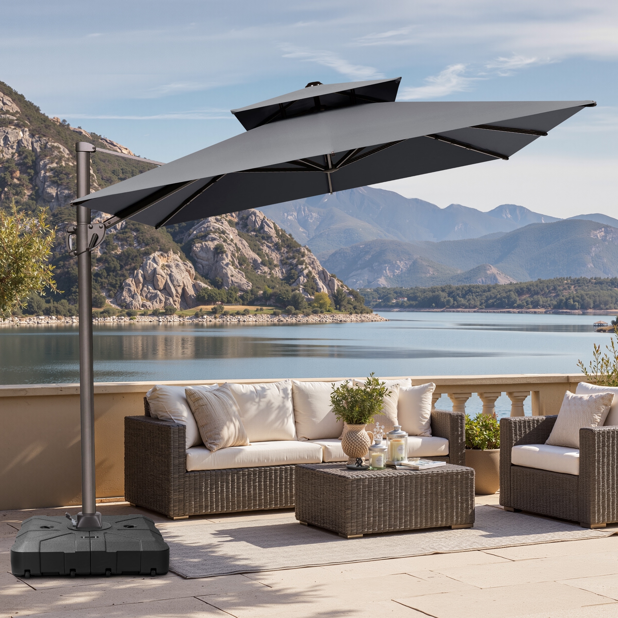 9 x 11.5 FT Outdoor Patio Dual Top Cantilever Umbrella with Weighted Base