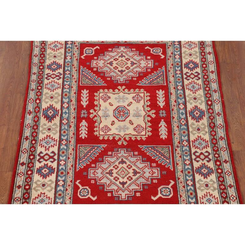 Red Geometric Kazak Accent Rug Hand-Knotted Wool Carpet - 3'4" x 4'11"