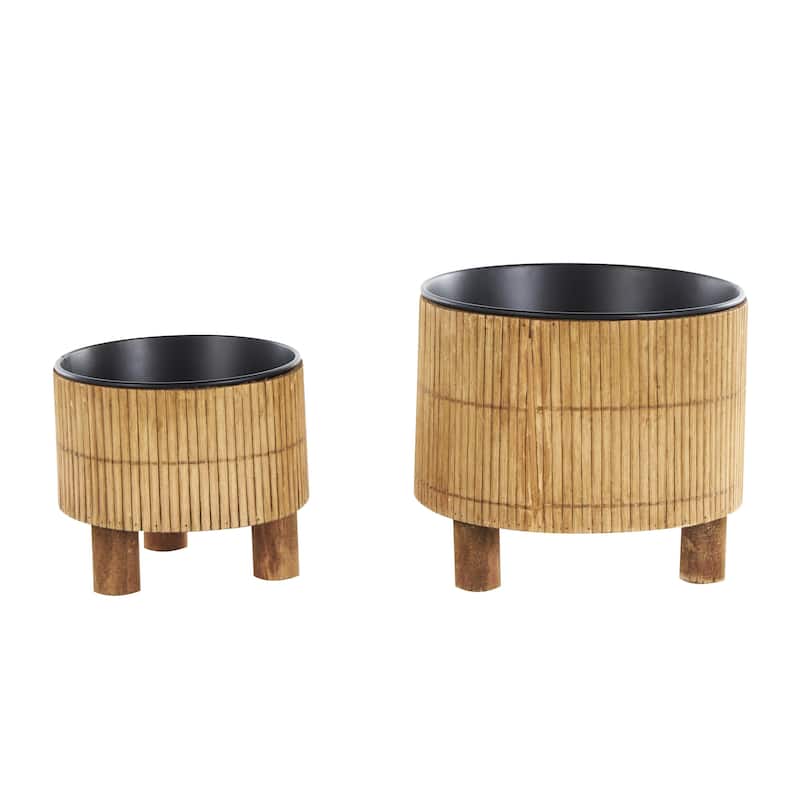 Bamboo Wood Handmade Indoor Planter with Black Metal Interior - Set of 2 Brown - Roche River Decor