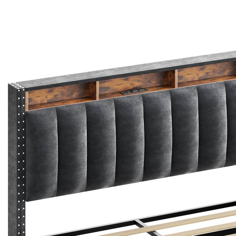 Moasis Full/Queen/King Velvet Upholstered Platform Bed Bedframe with Charging Station and 4 Storage Drawers