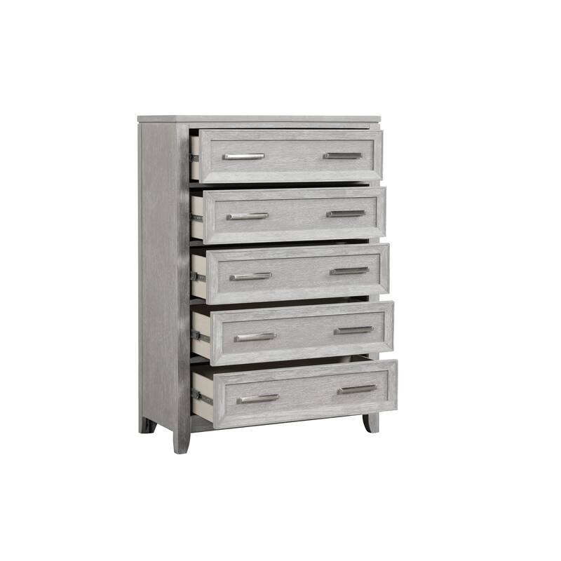 Ion 56 Inch Tall Dresser Chest, 5 Drawers, White Marble Top, Farmhouse Gray