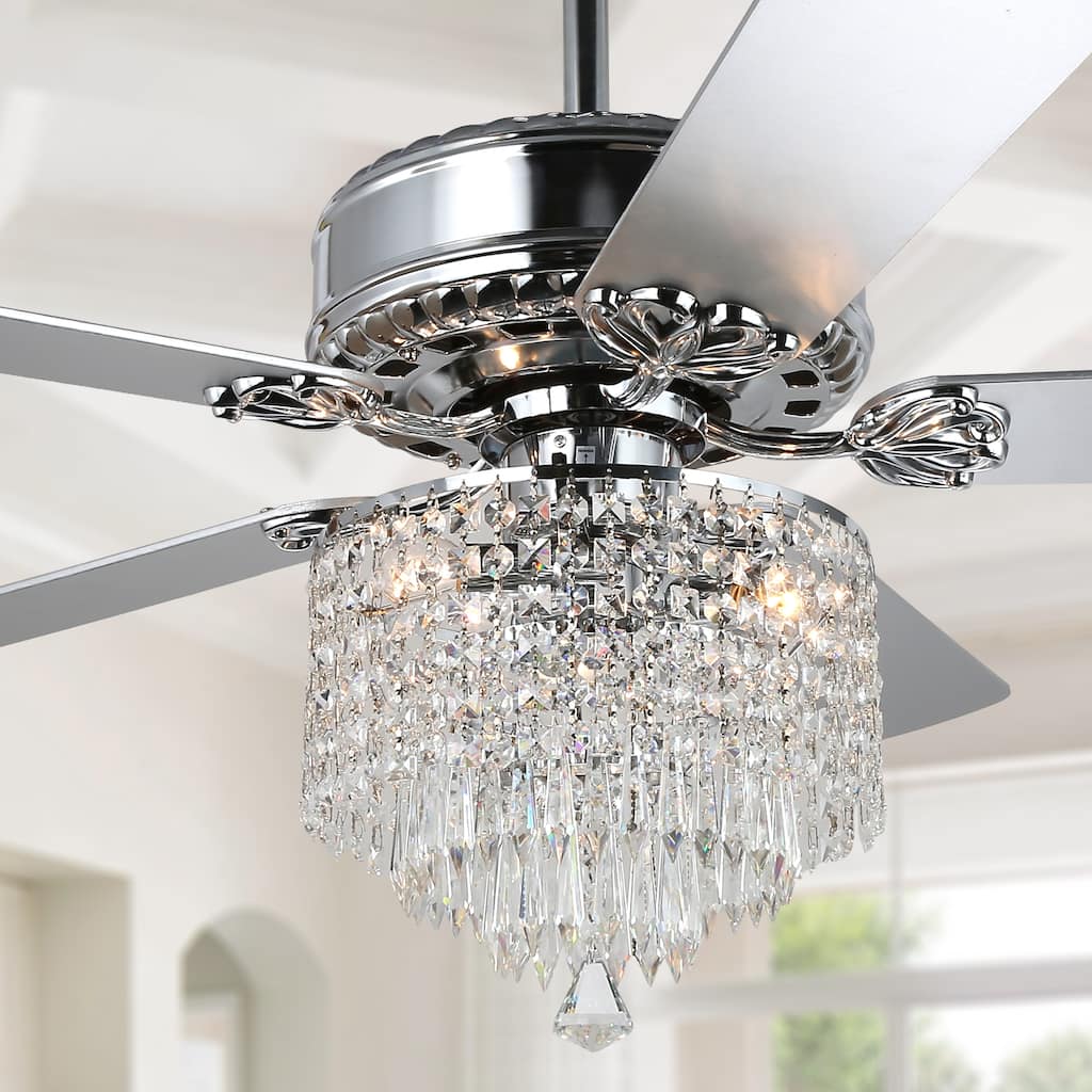 Oaks Aura 52in. Chrome Glam Crystal Reversible Ceiling Fan with Light Remote Control, Luxury Modern Fan with Lights