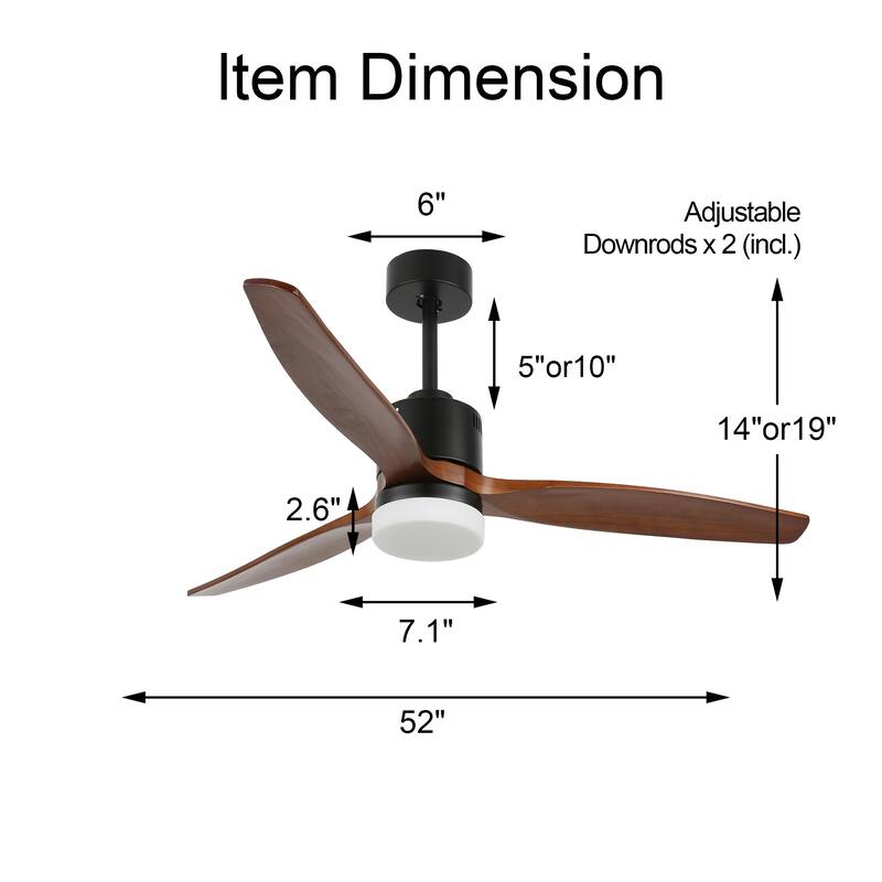 Bella Depot 52" Wood Reversible LED Ceiling Fan with Dimmable Light and Remote Control - 52 inches