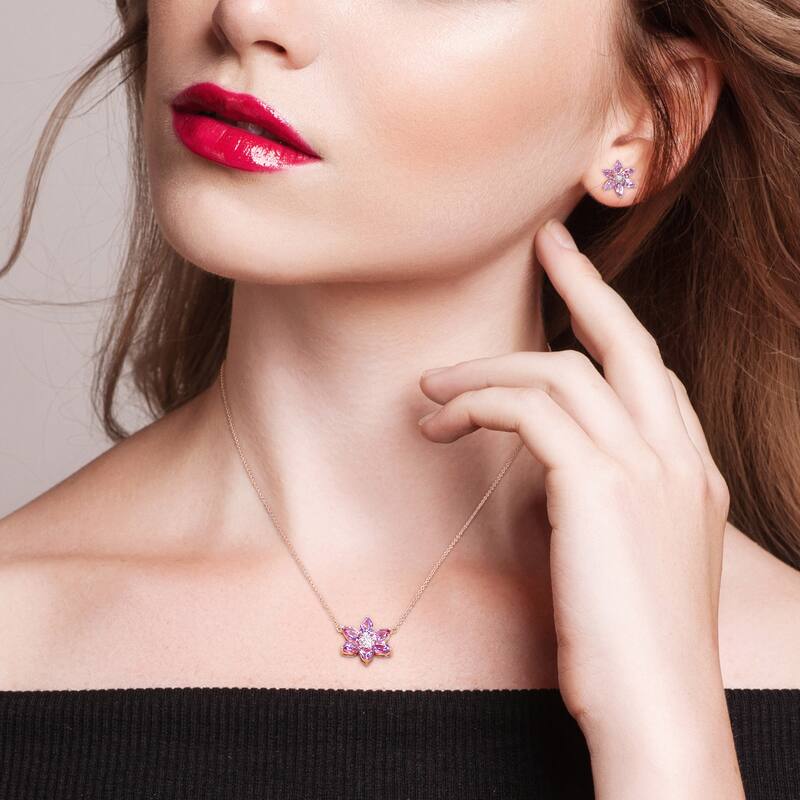 Miadora Amethyst & 1/6ct TDW Diamond Clustered Floral Stud Earrings & Necklace Set in 10k Rose Gold