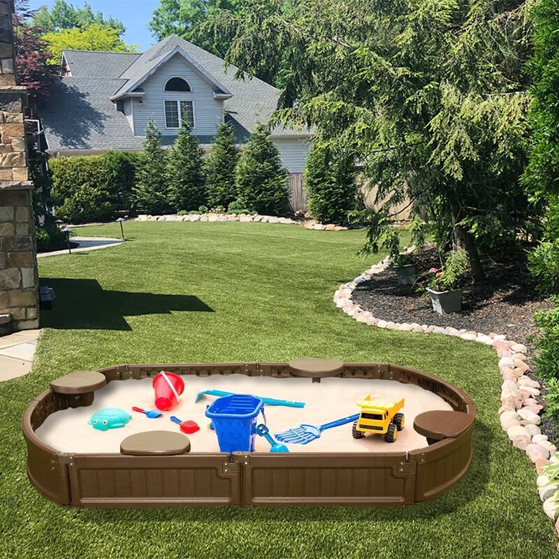 Modern Home 6ft Oval All Weather Resistant Outdoor Sandbox Kit w/Cover, Durable All-Weather Circle Outdoor Play Box