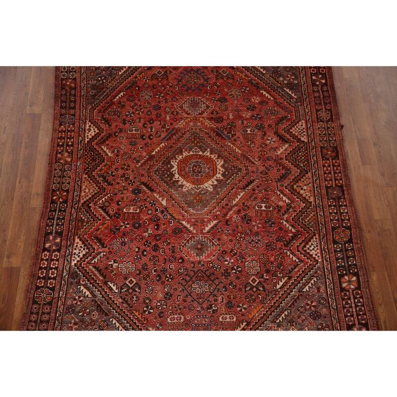 Tribal Qashqai Persian Vintage Area Rug Hand-Knotted Wool Carpet - 5'4"x 8'8"