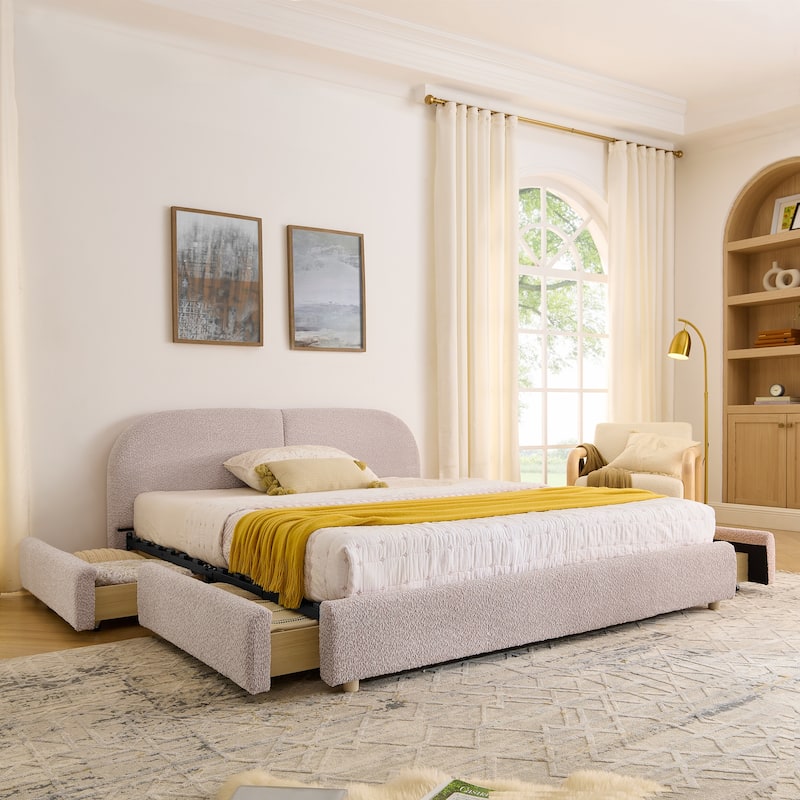 Stylish Curve-shaped Upholstered Platform Bed Frame Modern Minimalist Low Profile Bed with Curved Headboard Optional Storage Bed