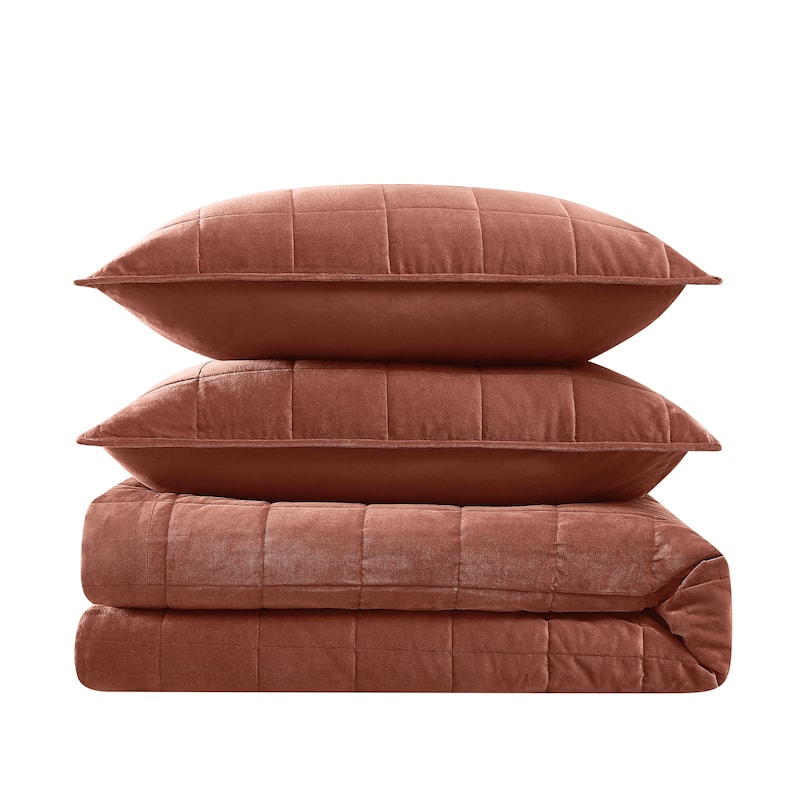 Brooklyn Loom Matte Cotton Velvet Box Stitch Quilt Set - Rust - Full - Queen - 3 Piece