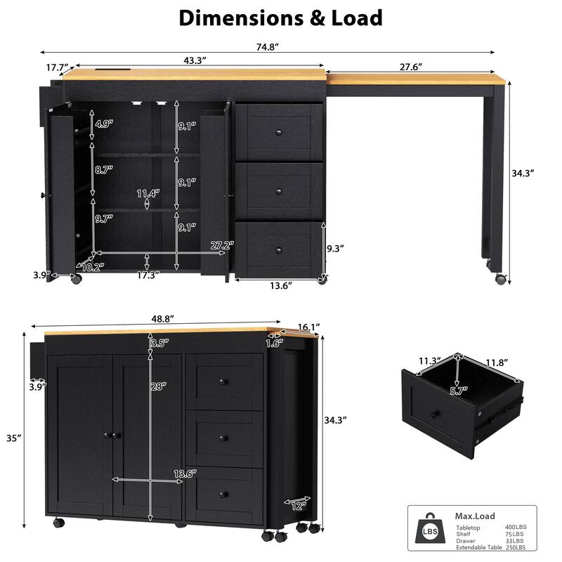 74.8" Kitchen Island with Extendable Dining Table and 3 Drawers