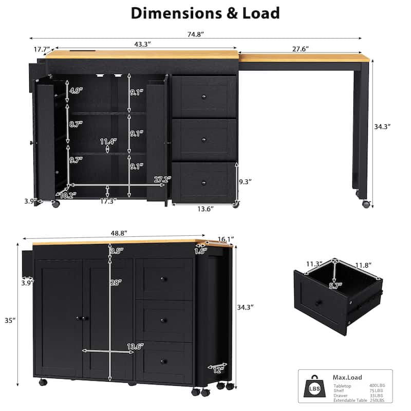 Multi-Functional 74.8" Kitchen Island with Extendable Table – 3 Drawers, Power Outlet & Mobile Design‌