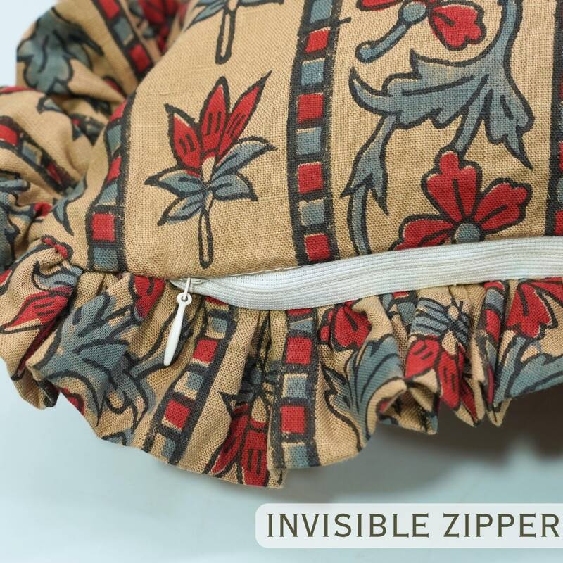 Fabdivine Viscose Linen Floral Frill Pillow Cover Both Side Print Hand Block Cushion
