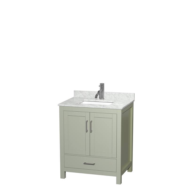 Wyndham Collection Sheffield Single Vanity Set - 30-Inch Single - Light Green, White Carrara Marble Top, Nickel Trim