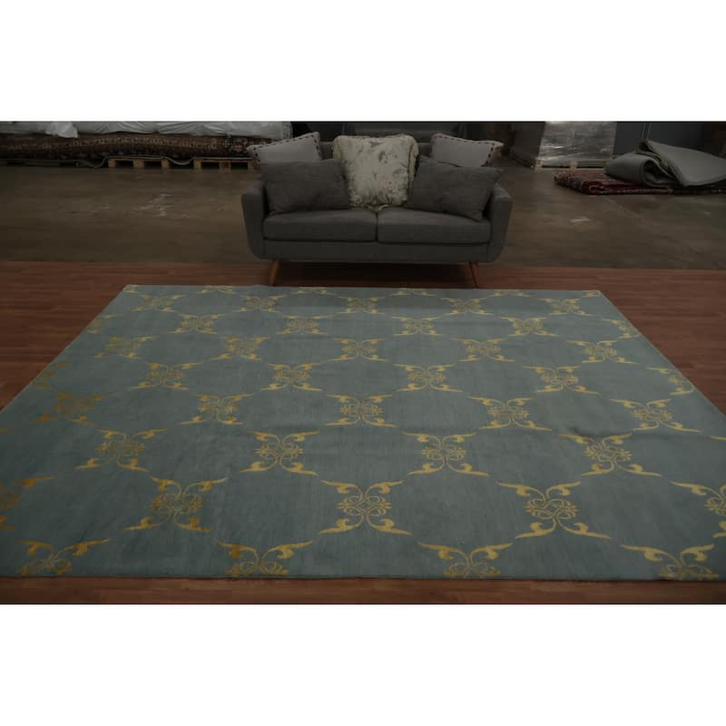 Hand Knotted Oriental 100% Wool Carpet Modern All-Over Navy Blue & Blues Modern Area Rug - 10' 1'' X 8' 2''