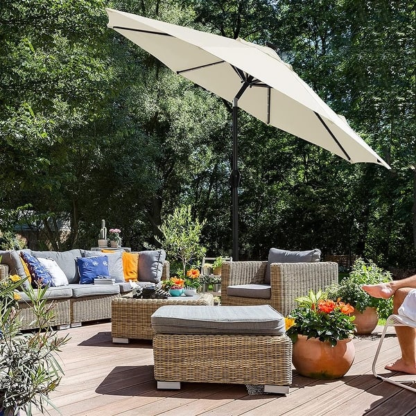 9 gorman lighted patio umbrella 9' Round with 32 Solar Powered LED Lights, Push-Button Tilt and Hand Crank Lift, Solar Umbrella in Navy for Porch, Deck, and Patio by Sun-Ray : Patio, Lawn which makes our patio umbrella more durable than ordinary patio umbrellas HOMSHADE 9ft Solar Patio Umbrella