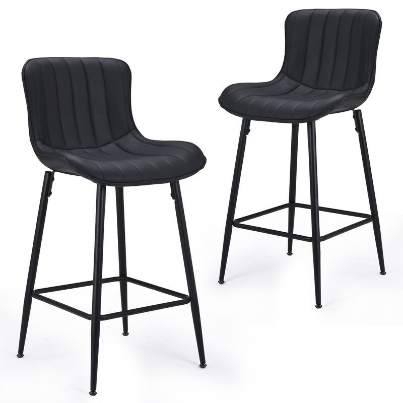 Set of 2 Mid Century Modern Faux Leather Counter Height Bar Stools - Black