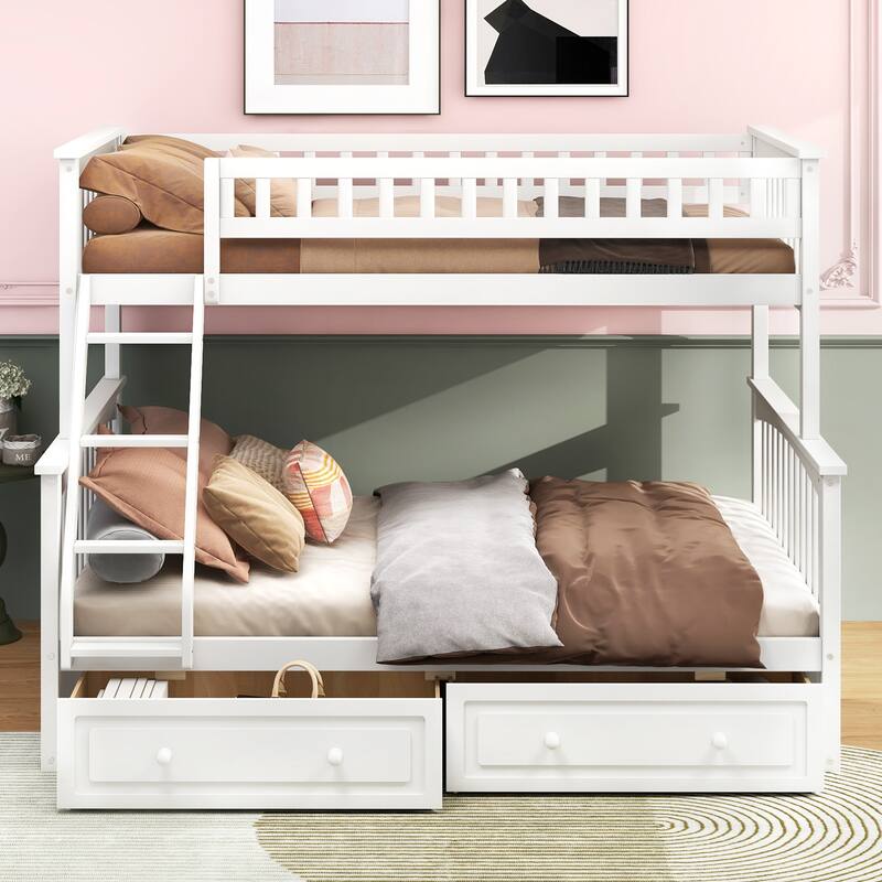 Wooden Storage Bunk Bed Frame with Fence-shaped Guardrails and Pull-out Drawers, Convertible 2 Platform Beds, Detachable Design - Bright White - Full