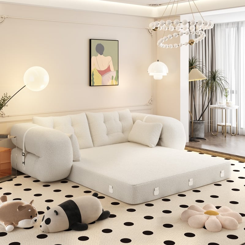 78.7" Multifunctional Foldable Sofa Bed, 3 in 1 Teddy Fabric Foam Filled Sleeper Sofa Bed