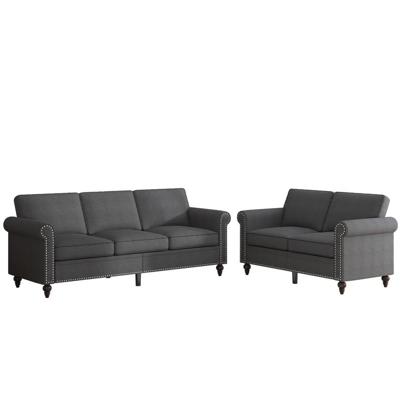 Mixoy 2 Piece Living Room Sofa Set with Rivet Design,Linen 3-Seater Sofa Couch,Loveseat Sofa/Single Sofa Chair