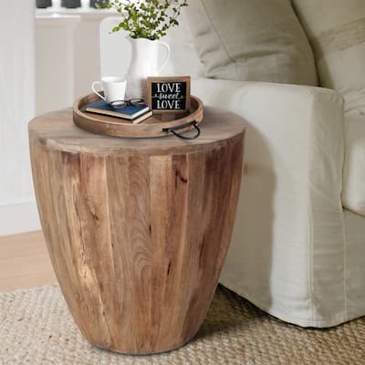 Arthur Handcarved Cylindrical Shape Round Mango Wood Distressed Wooden Side End Table, Brown
