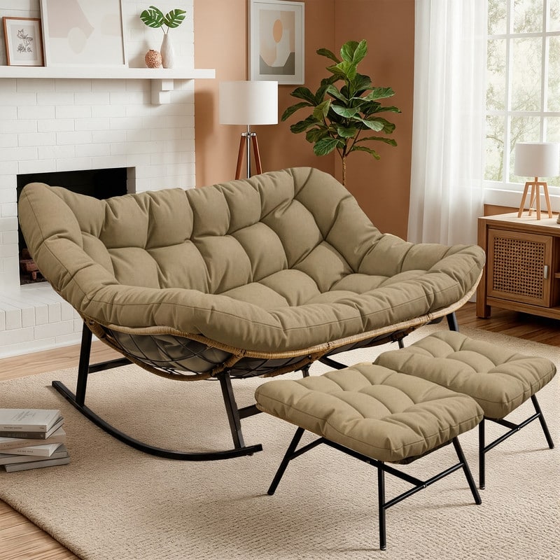 FINCATI Oversized Double Rocking Chair Outdoor Indoor, 40" D x 58" W Double Papasan Rocking Chair with Padded Cushion