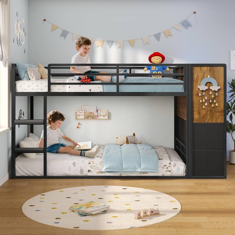 Twin Size Low Loft Bed 6 Fabric Storage Drawers LED Lights Twin Over Twin Bunk Bed