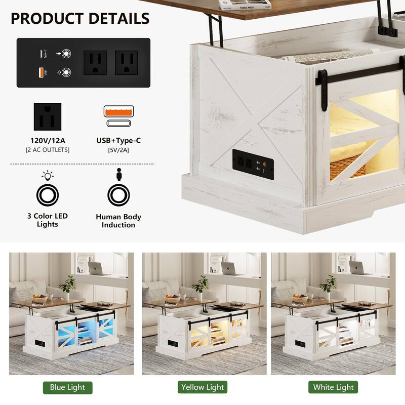 Lift Top Led Coffee Table With Sliding Barn Door