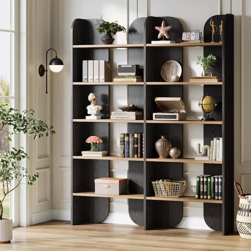 70.87" 5-Tier Double Wide Bookshelf, Open Shelves Tall Floor Standing Bookcase Storage Accent Shelf - Black+Brown
