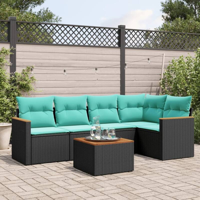 vidaXL 6 Piece Patio Sofa Set with Cushions Black Poly Rattan - 111.0x27.2x67.8 - With table