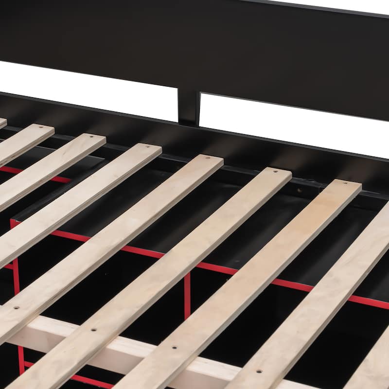 All-in-one Full Size Wood Loft Bed for Gaming & Workspace with Desk, Open Wardrobe, Storage Compartments and RGB Light Strip