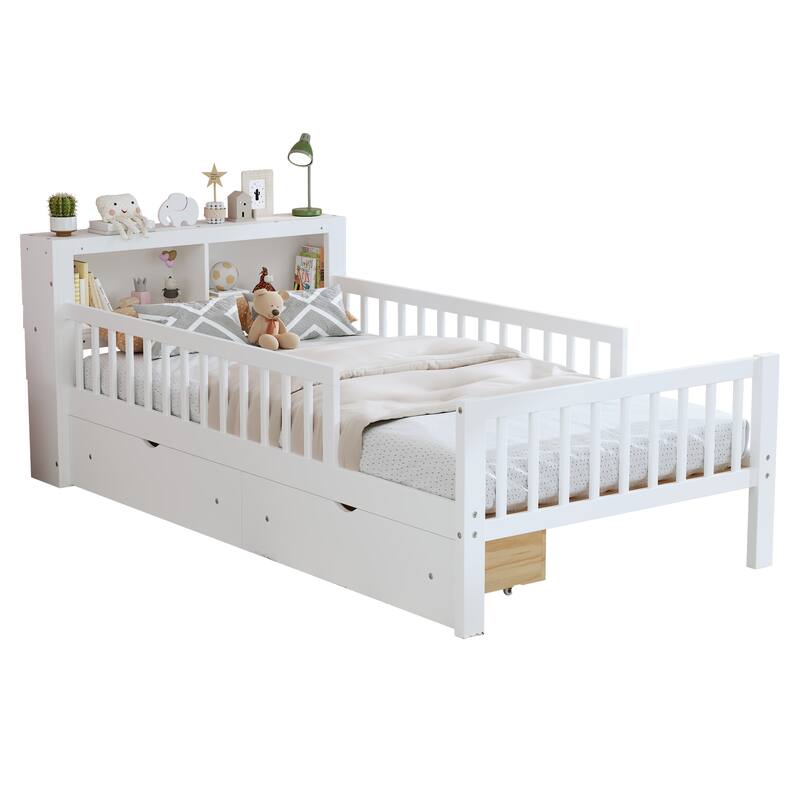 Twin Size Bed with Headboard Storage, Safety Guardrails, and Two Under-Bed Drawers