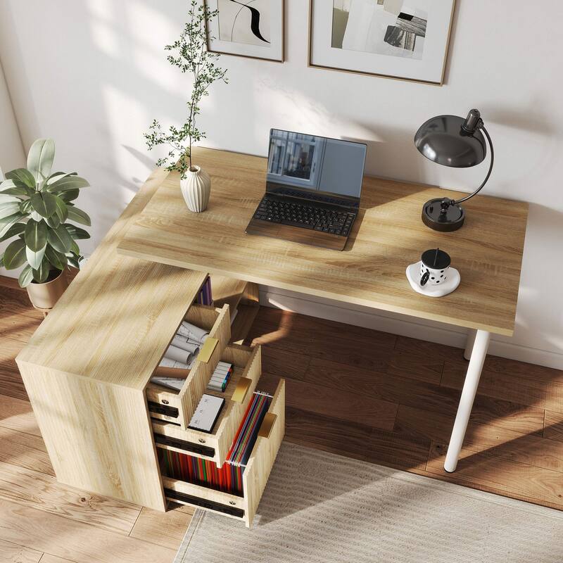 54W L Shaped Desk with Drawers and File Cabinet