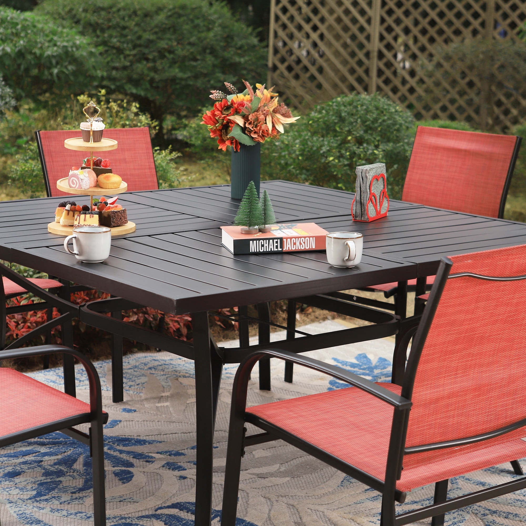 9 Piece Patio Dining Set 60 Inch Square Metal Table and 8