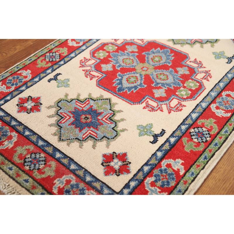 Ivory Geometric Kazak Oriental Foyer Rug Hand-Knotted Wool Carpet - 2'0"x 3'0"