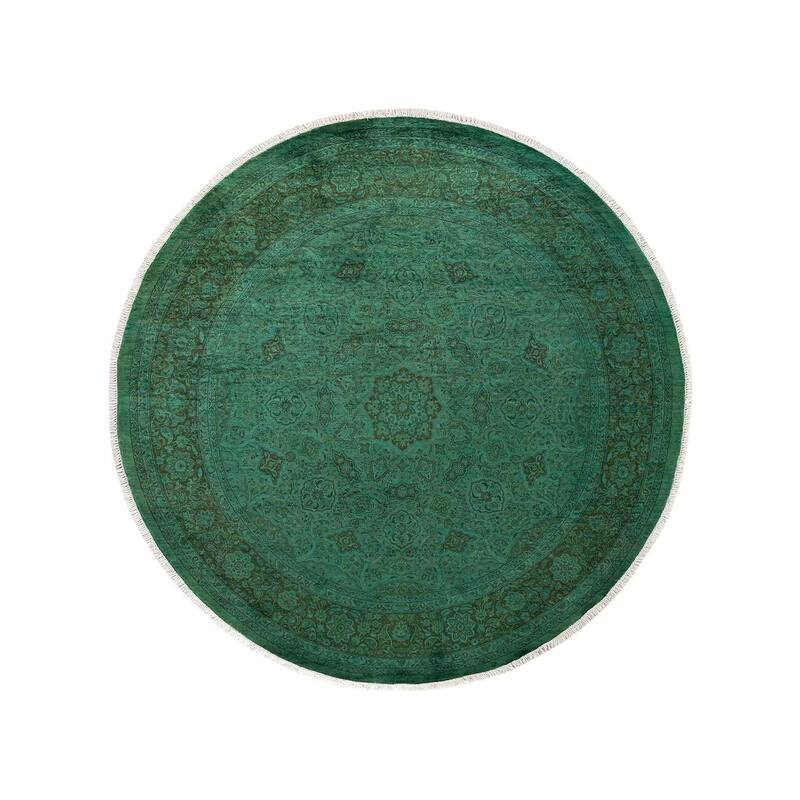 Overton Hand Knotted Wool Vintage Inspired Modern Contemporary Overdyed Green Round Area Rug - 7' 8" x 7' 10"