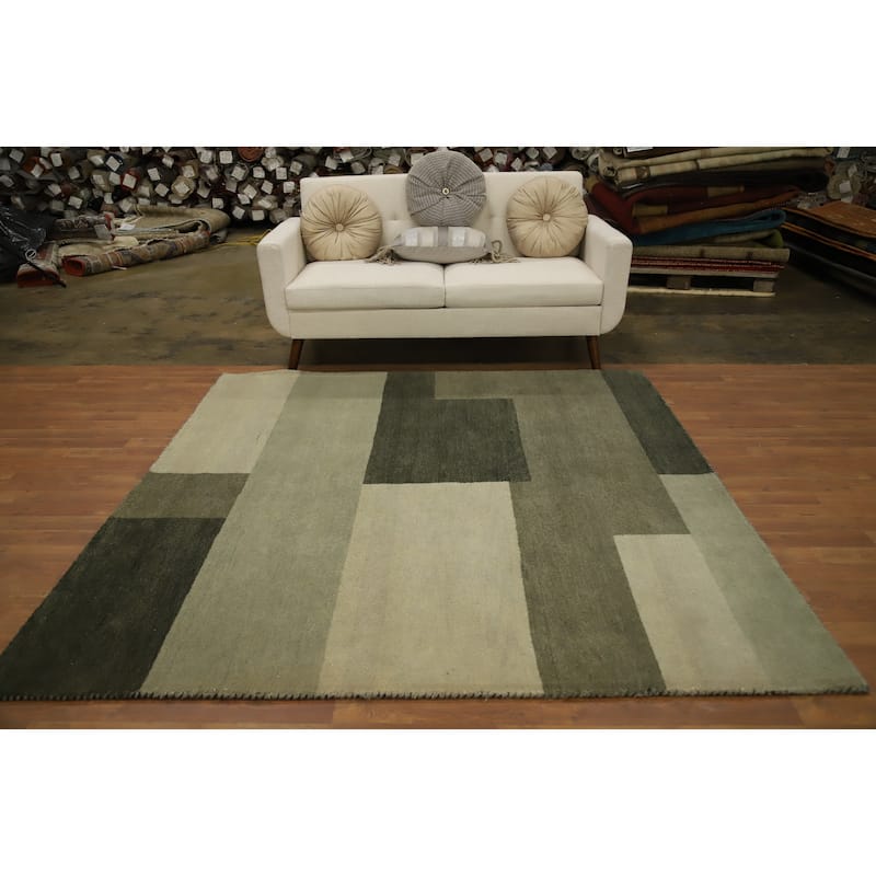 Hand Knotted Oriental 100% Wool Carpet Modern Geometric Green Gabbeh Area Rug - 6' 8'' X 6' 5''
